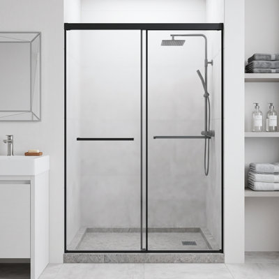 Porte de douche coulissante double sans cadre l 48 po x H 72 po en noir mat avec rail en aluminium à fermeture en douceur et barre à serviettes allongée