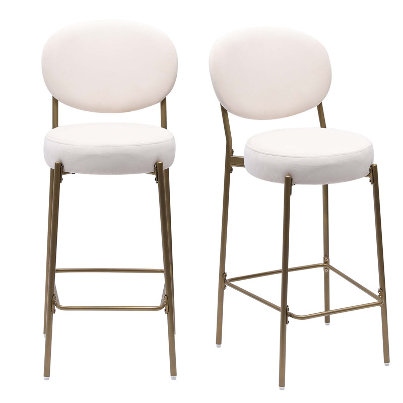29'' Upholstered Bar Stools Velvet Counter Stool with Backrest & Footrest Set of 2 Round Dining Chairs for Kitchen(Creamy White)