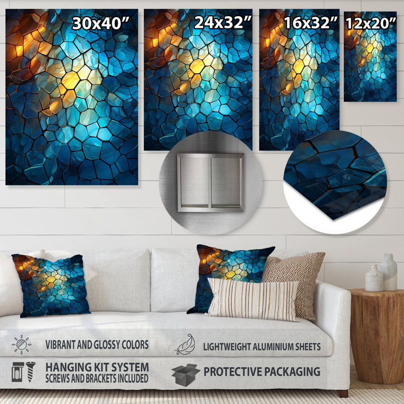 Fractale bleue et jaune mosaïque I - décoration murale abstraite en métal, H 32 po x l 24 po x P 1 po