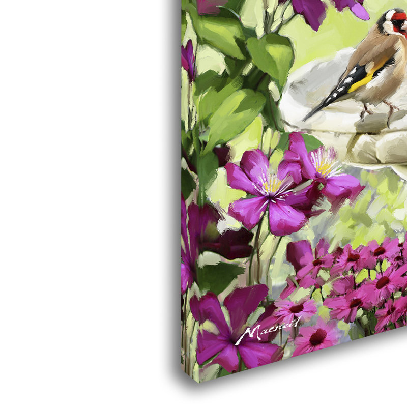 Garden Birds at Birdbath Modern Canvas Art