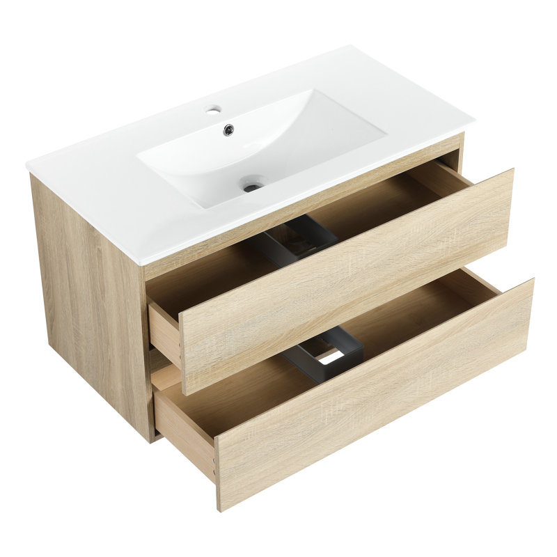 Meuble-lavabo de salle de bain 36 po - Lavabo en céramique, 2 tiroirs, look contemporain avec évier moderne, 36", Naturel