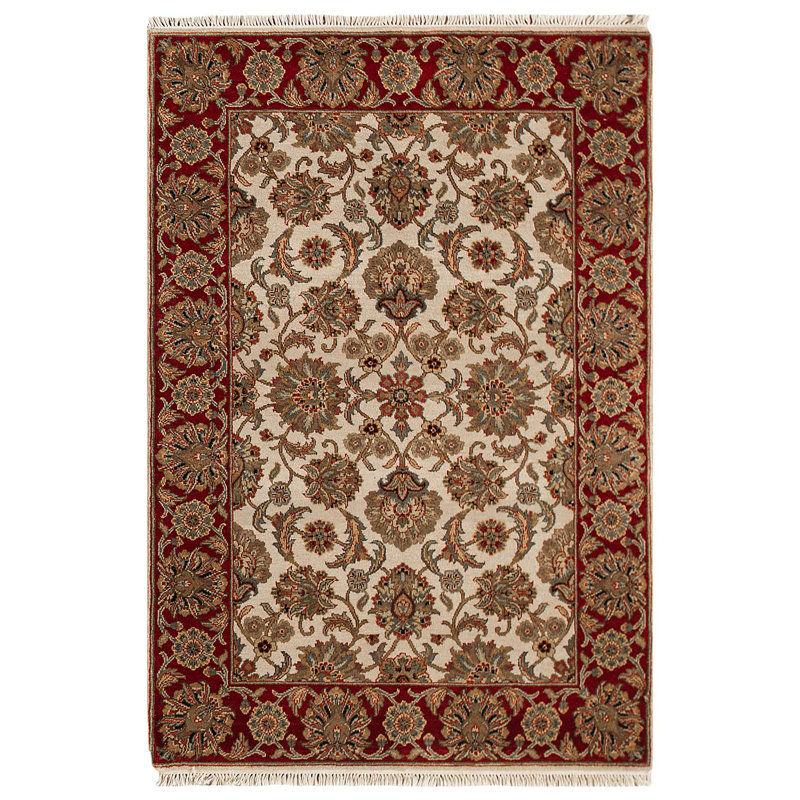 Tapis ivoire et rouge noué à la main de haute qualité