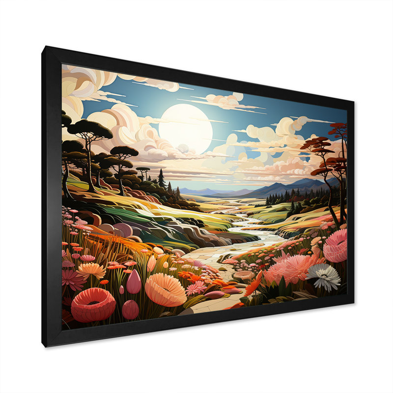Paysage de rivière cubique, Cadre simple noir, H 34 po x l 44 po x P 1,5 po