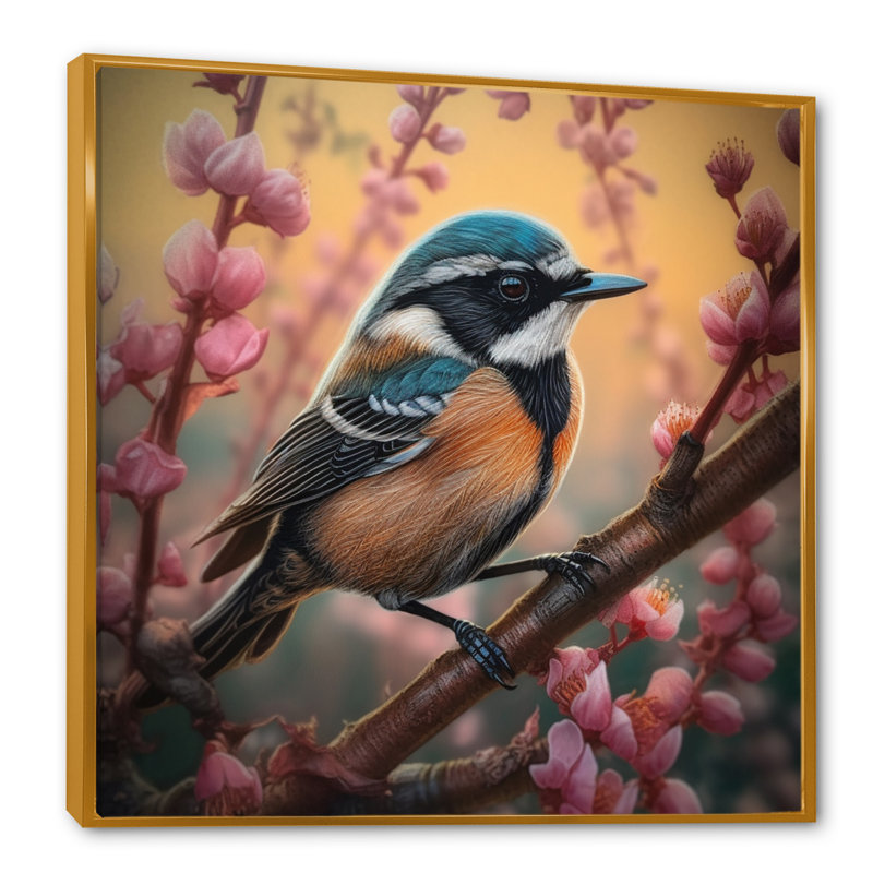 Oiseau bleu sur une branche, H 24 po x l 24 po x P 1 po, Toile avec cadre flottant or