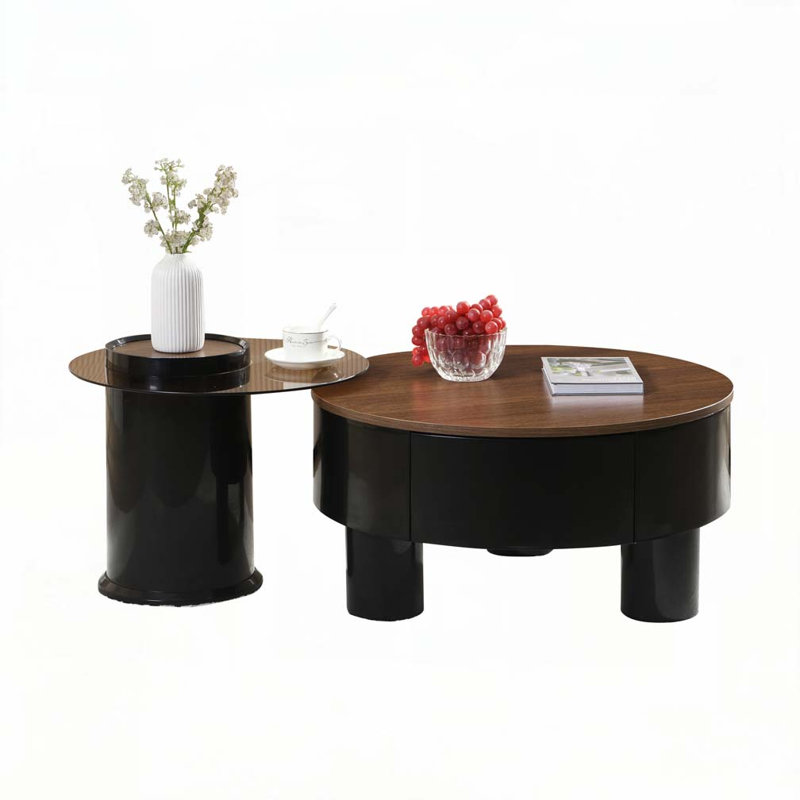 Ensemble de deux tables basses gigognes rondes, Brun, Noir