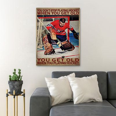 «Hockey Player Man - You Don't Stop Play Hockey», toile tendue avec châssis - Illustration de sport, décor de salon rouge et blanc