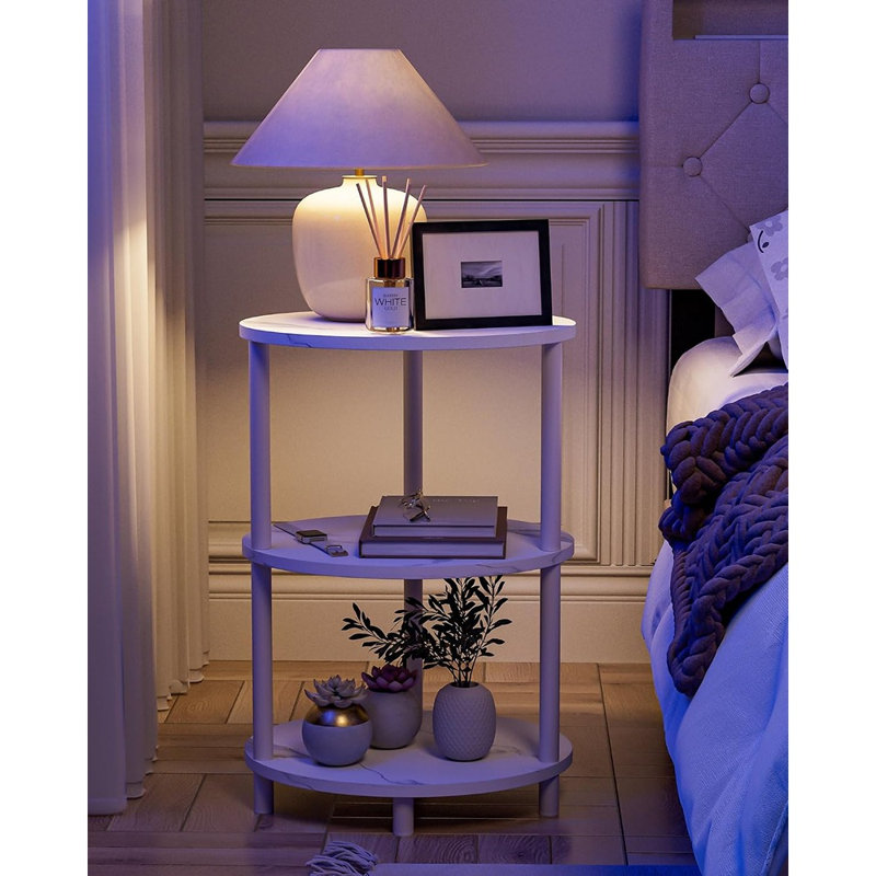 Table de bout ronde à piédestal avec rangement à 3 niveaux, table d'appoint en bois rustique et en métal pour le salon, la chambre à coucher et les petits espaces, marbre blanc