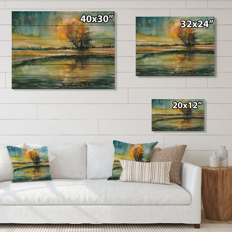 Autumn Lake - Peinture sur bois sans cadre, H 16 po x l 32 po x P 1 po