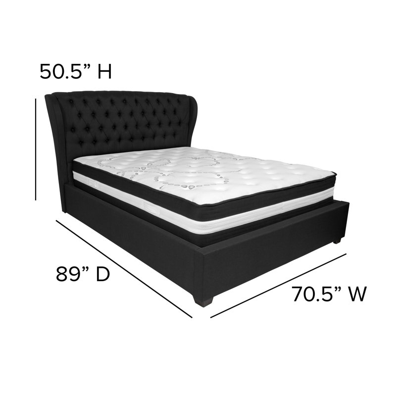 Lit plateforme capitonné avec matelas Haleigh, Grand, Noir