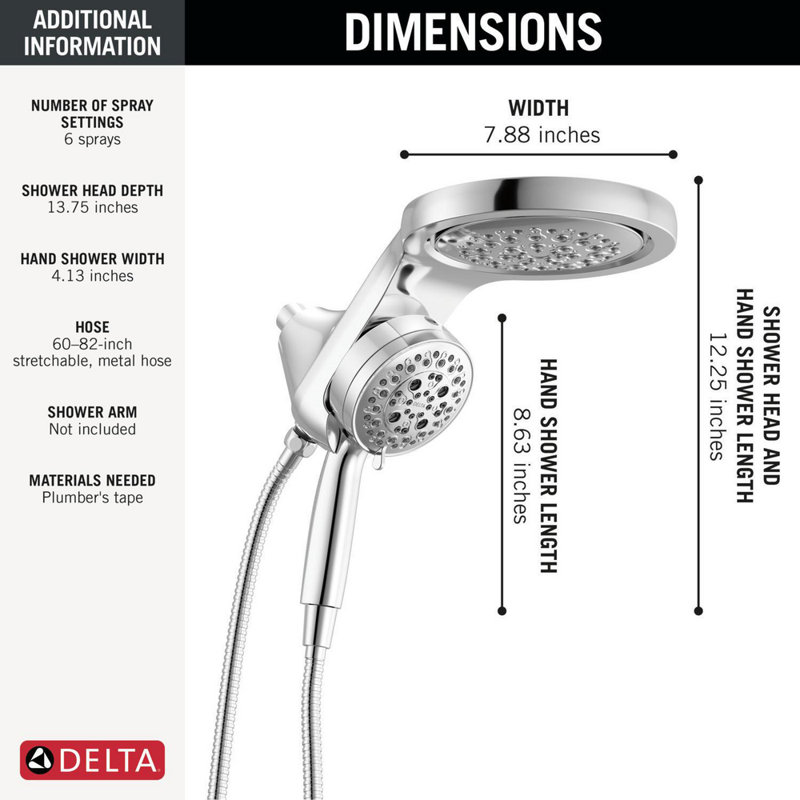 6-Setting HydroRain 2-in-1 Dual Shower Head with ProClean Spray, 2.5 GPM, Lumicoat  Chrome