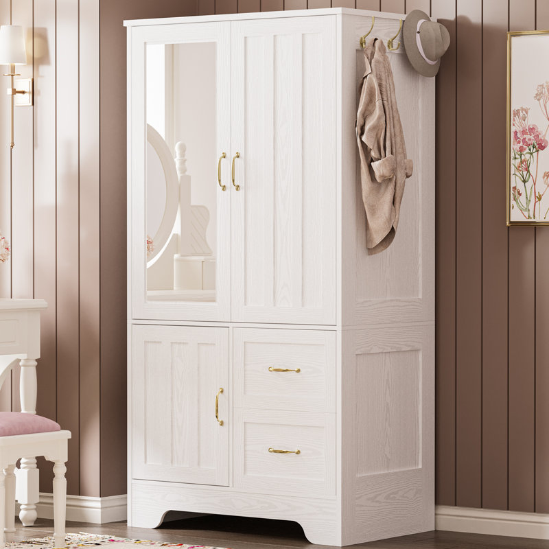 Garde-robe avec miroir, portes, tiroirs et tablettes, armoire de rangement en bois avec tringle pour chambre à coucher, blanc