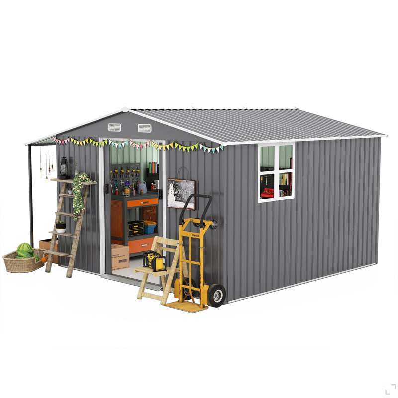 Remise de rangement extérieure 10 pi x 12 pi, très grande remise en métal avec portes verrouillables, fenêtres, petite maison en acier à l'extérieur idéale pour le jardin, la cour, le service de patio, le rangement d'outils, les poulaillers