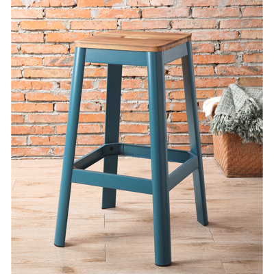 Tabouret de bar carré à finition sarcelle avec siège en bois massif naturel, repose-pieds en métal, largeur de produit 18 po et profondeur Barre transversale sans dossier 13 po, profondeur, hauteur de 30 po