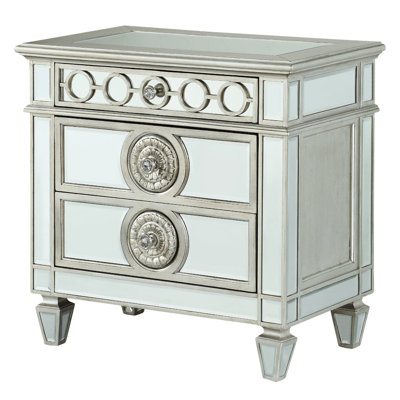 Sophisticated Mirrored Nightstand Silver - Geometric Design, Felt-Lined Crystal Knob Hardware For A Luxurious Touch