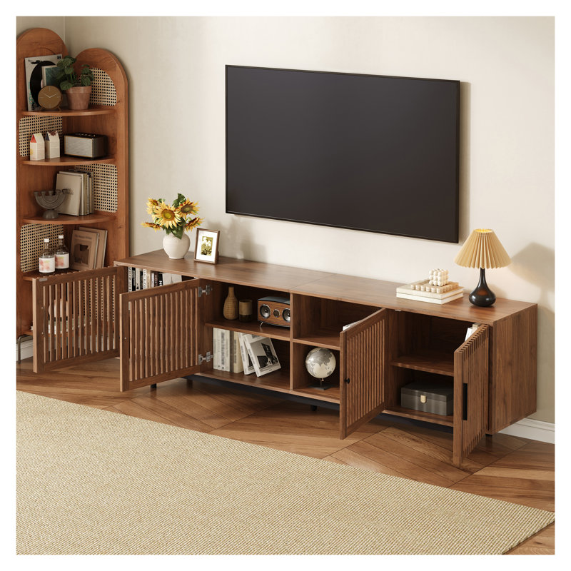 Meuble télé 78 po en noyer moderne pour téléviseur de 85 po ou moins, centre de divertissement avec rangement fermé, gestion des câbles, charnières à fermeture en douceur et pieds en bois massif