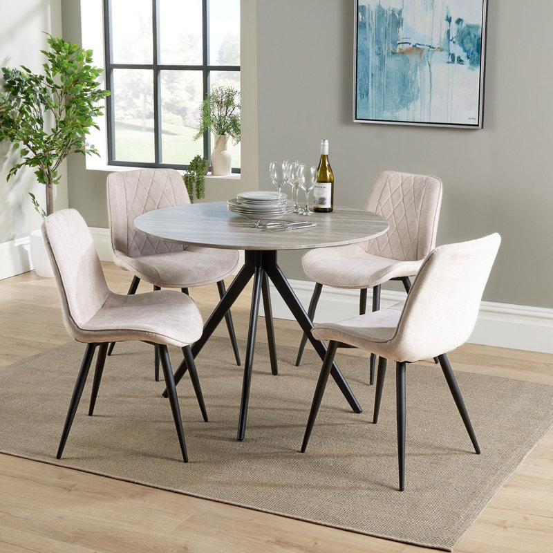 Aspen 5-Piece Casual Dining Set - Large Round Table with 4 Upholstered Diamond Stitch Fabric Chairs, Grey Oak, Natural
