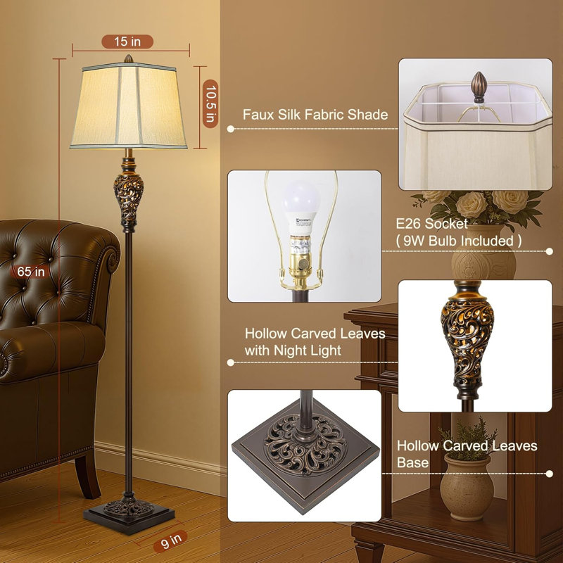 Lampe sur pied rétro 65 po avec finition brune et abat-jour en fausse soie beige