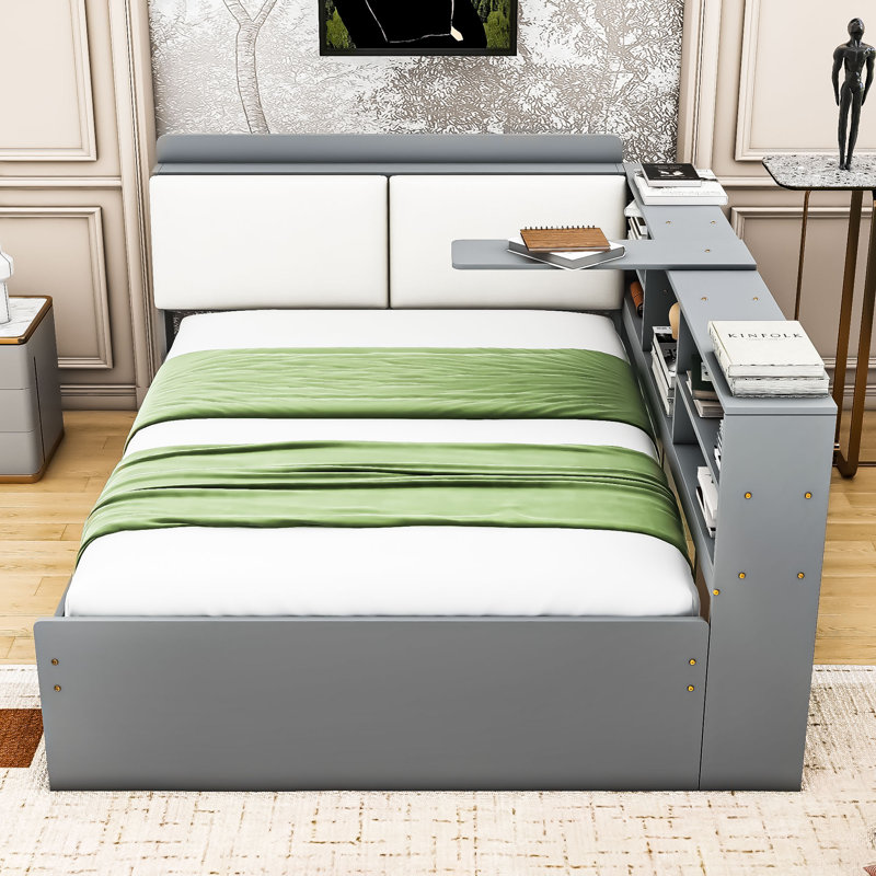 Lit plateforme en bois avec tête de lit tapissier, rangement intégré et lit gigogne simple, Full, Gris