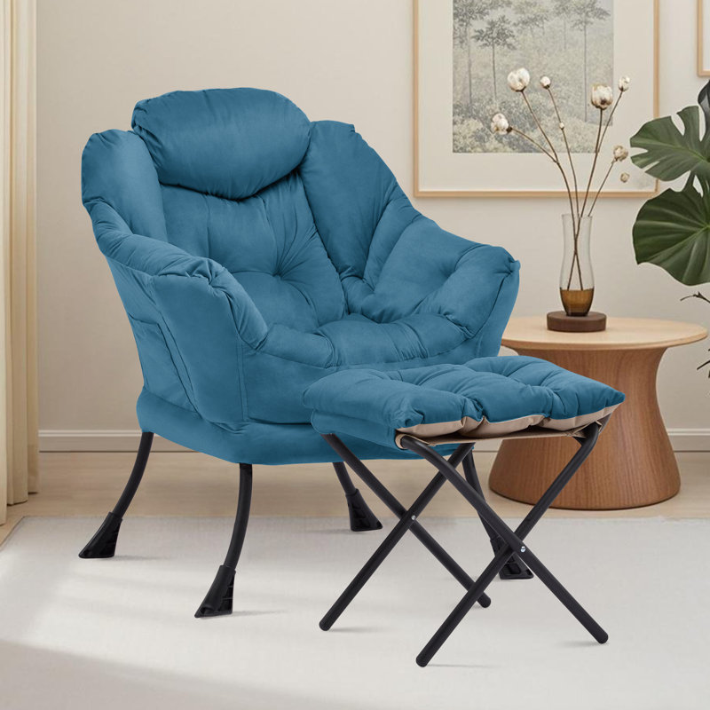 Upholstered Armchair with Footstool, Blue