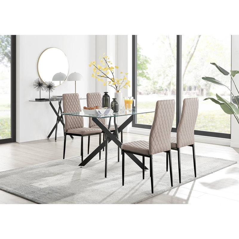 Lenworth Modern Black Metal and Glass Dining Table Set - x4 Luxury Faux Leather Dining Chairs, Grey/Black