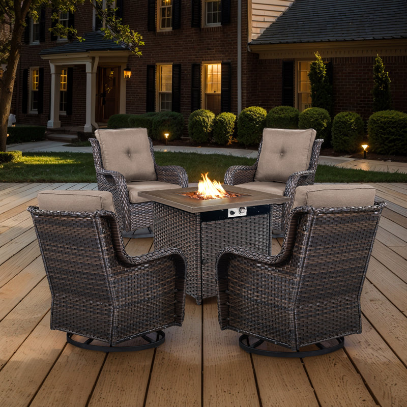 Bonia Outdoor 5-Pieces PE Wicker Patio Chair Seating Group with Cushions and Fire pit, Brown, Gray