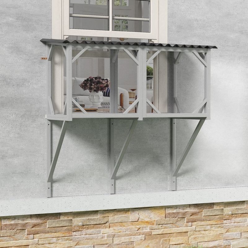 Boîte pour fenêtre Cat - Enceinte extérieure de 43,3 po avec filet amovible, structure en bois, spacieuse pour les petits chats