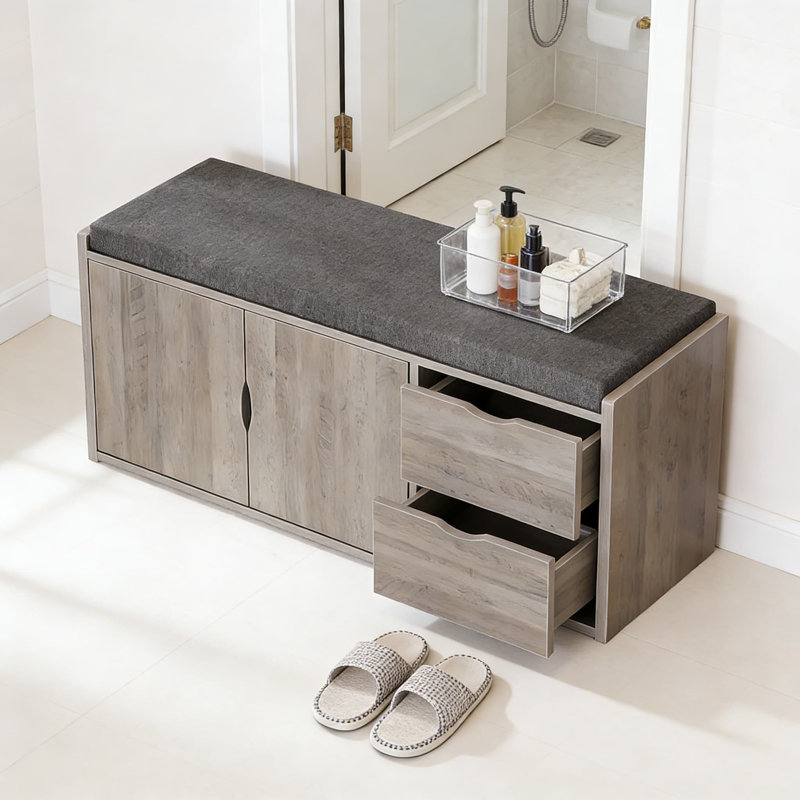 Banc de rangement industriel avec siège rembourré, 2 tiroirs et portes de grange - Banc à chaussures d'entrée avec tablette réglable pour couloir, salon ou chambre à coucher