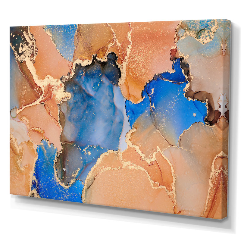 «Blue and Orange Luxury Abstract Fluid Art», peinture sur toile, H 40 po x l 60 po, Toile tendue