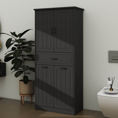Armoire de rangement de salle de bain fonctionnelle avec deux paniers à linge et armoire de rangement avec portes et tiroir