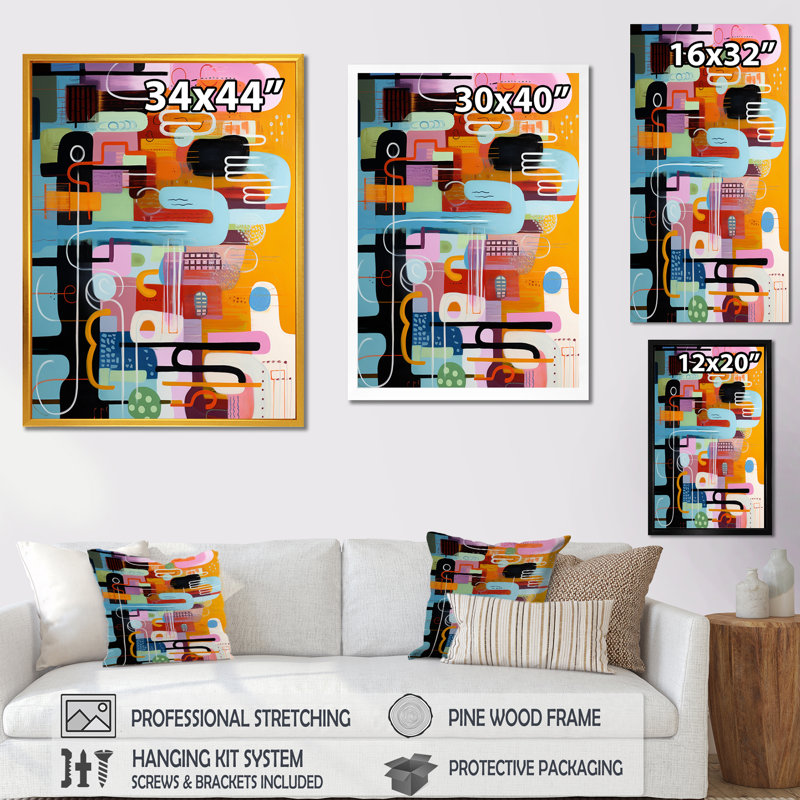 Mid-Century géométrique, collage amusant II - art mural géométrique, Cadre simple noir, H 32 po x l 24 po x P 1 po