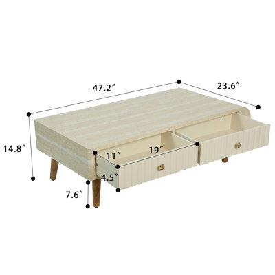Table basse avec plateau en faux marbre plaqué, table basse moderne Mid-Century avec tiroir cannelé et pieds en bois massif, table basse pour le salon, la salle à manger, le bureau