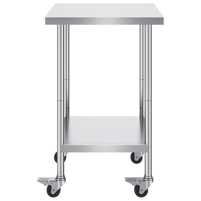 Table de travail en acier inoxydable 24 x 24 x 38 pouces, avec 4 roulettes, 3 niveaux de hauteur réglables, table de travail robuste pour la préparation des aliments pour restaurant de cuisine commerciale, argent