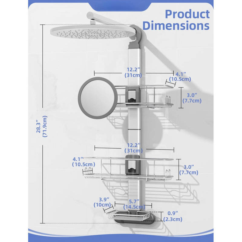 Étagère de douche suspendue, barres de douche en aluminium pour l'intérieur de la douche, étagères de douche durables et résistantes à la rouille, support stable, double option de suspension pour pommeau de douche et paroi de douche en verre, 8 crochets et miroir, (Argent)