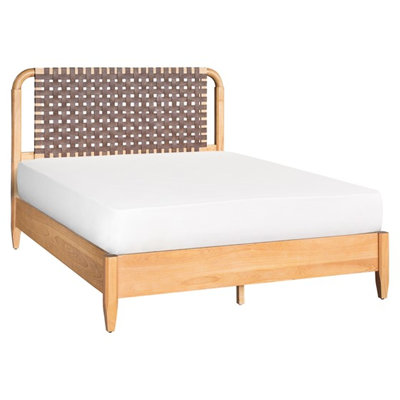 Mid - Century Modern Woven Faux Leather Queen Bed, Open Styling Headboard, Solid Wood Rails, Rounded And Tapered Legs, 5 Slats, Assembly Required Bed With Elements, Frame,
