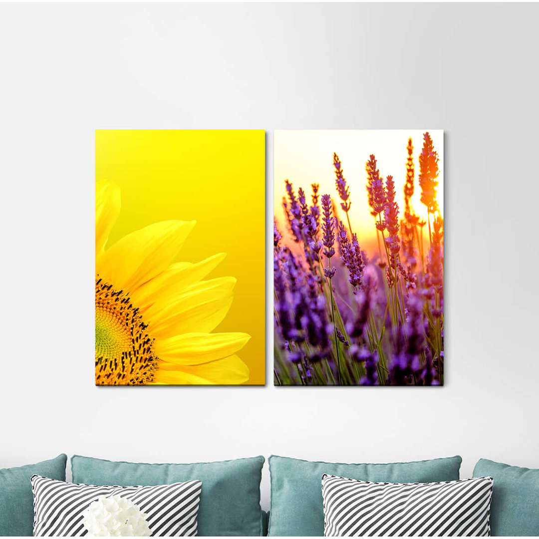 2-tlg. Leinwandbilder-Set - Fotografie „Lavender Sunflower Yellow Summer Meadow Sun”