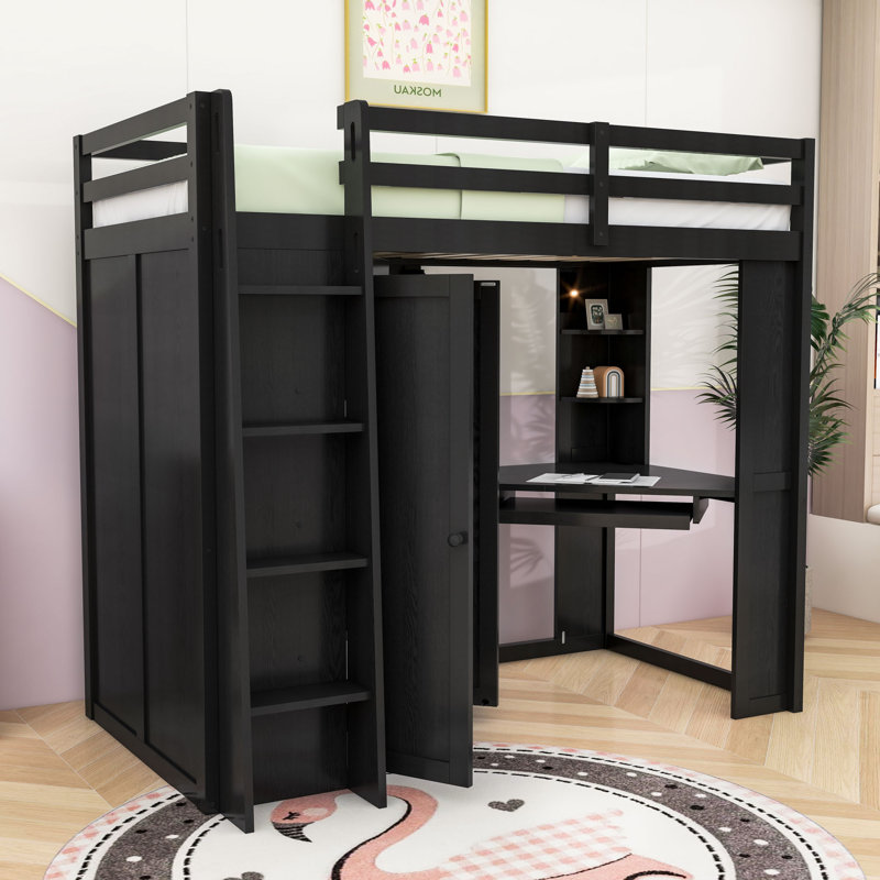 Lit mezzanine simple en bois avec bureau intégré, armoire et rangement, Noir