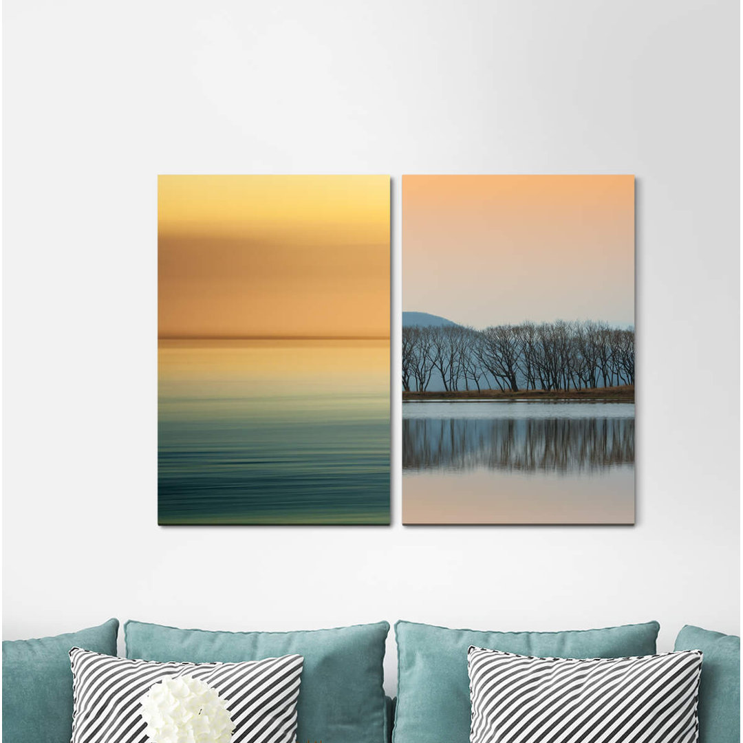 2-tlg. Leinwandbilder-Set - Grafikdruck „Horizon Tree Row Sea Minimal Nature Lake Dusk”