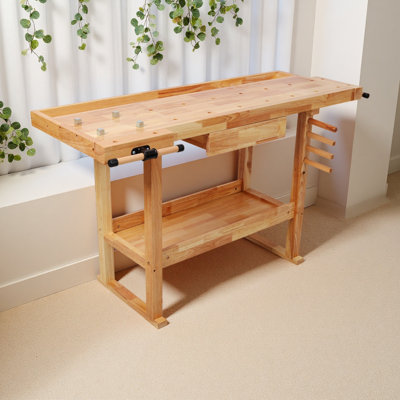 Sturdy Functional 55" Wood Workbench, Heavy Duty Woodworking Bench With Adjustable Handle, 300Lbs Load Capacity Woodworking Table Work Bench With Storage For Garage, Workshop, Home Storage