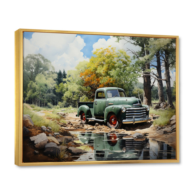 «Pickup Truck Tranquil Lakeside II», reproduction sur toile, Cadre flottant doré, H 12 po x l 20 po x P 1 po