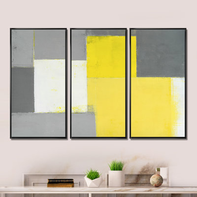 Gris et jaune bleu abstrait VII - ensemble d'art moderne sur toile encadrée moderne de 3