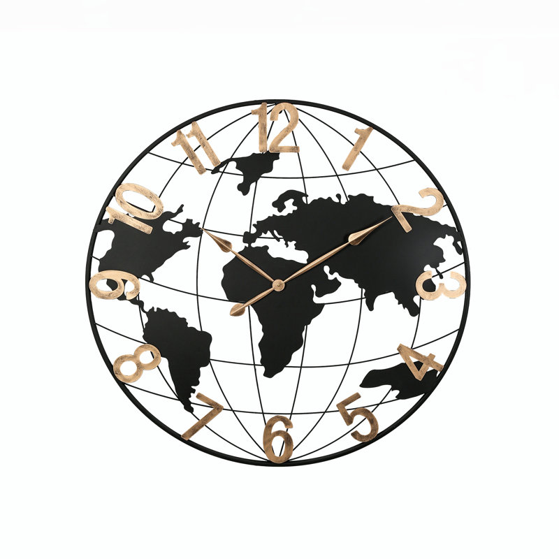 Horloge murale de 91 cm (36 po) en métal noir, design moderne et silencieux avec carte du monde et chiffres arabes dorés vintage