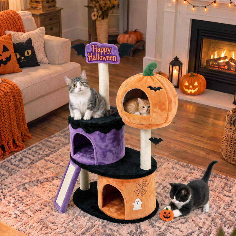Arbre à chat citrouille d'Halloween de 43 pouces, tour en velours violet et orange avec niches