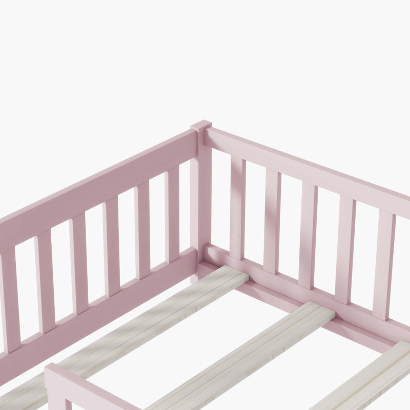 Pink Rubber Wood Watsons Floor Bed With Fence (No Door) And Safety Guardrails, Pink