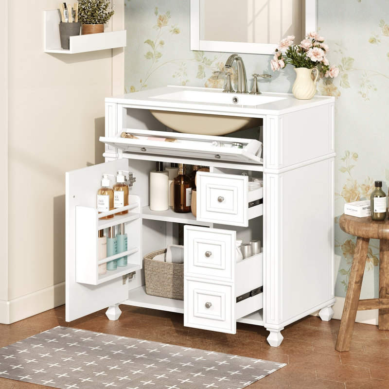 【Meuble-lavabo en céramique 30 po】 - Portes à fermeture douce, organisateur de porte et armoire de rangement spacieuse, Vert