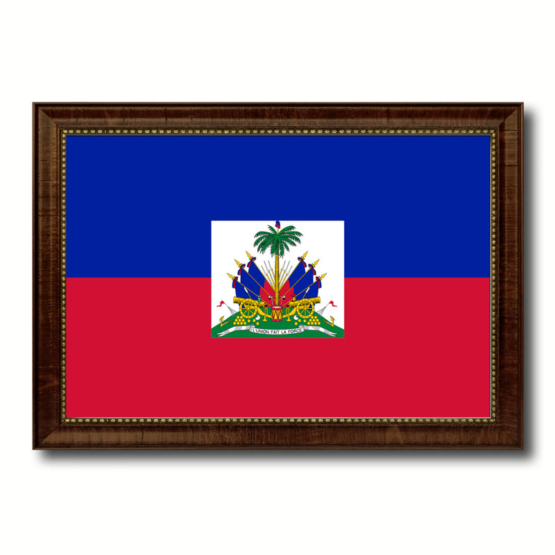 Drapeau du pays d'Haïti, reproduction sur toile encadrée, H 27 po x l 39 po x P 1 po, Encadrement brun