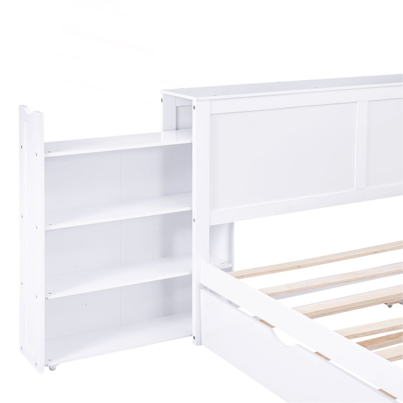 Queen Size Storage Platform Bed With Pull Out Shelves And Twin  XL Size Trundle, White
