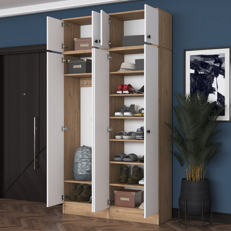 Portemanteau moderne avec porte-manteau et tablettes, noyer et blanc, 47,1 x 89,0 x 14,8 pouces | 100% aggloméré enduit de mélamine de qualité E1, épaisseur durable de 0,71 pouce | Élégant rangement pour hall d'entrée, conception murale