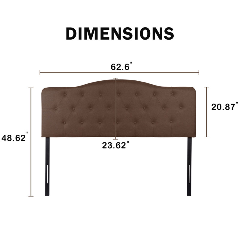 Button Tufted Upholstered Adjustable Full Size Headboard in Linen Fabric, Metal Legs, Espresso