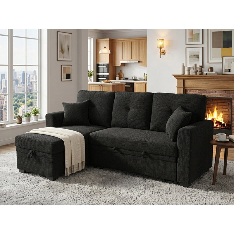 L-Shape 71" Wide Space-Saving Sleeper Sofa Upholstered Pull-Out Sofa Bed, Black