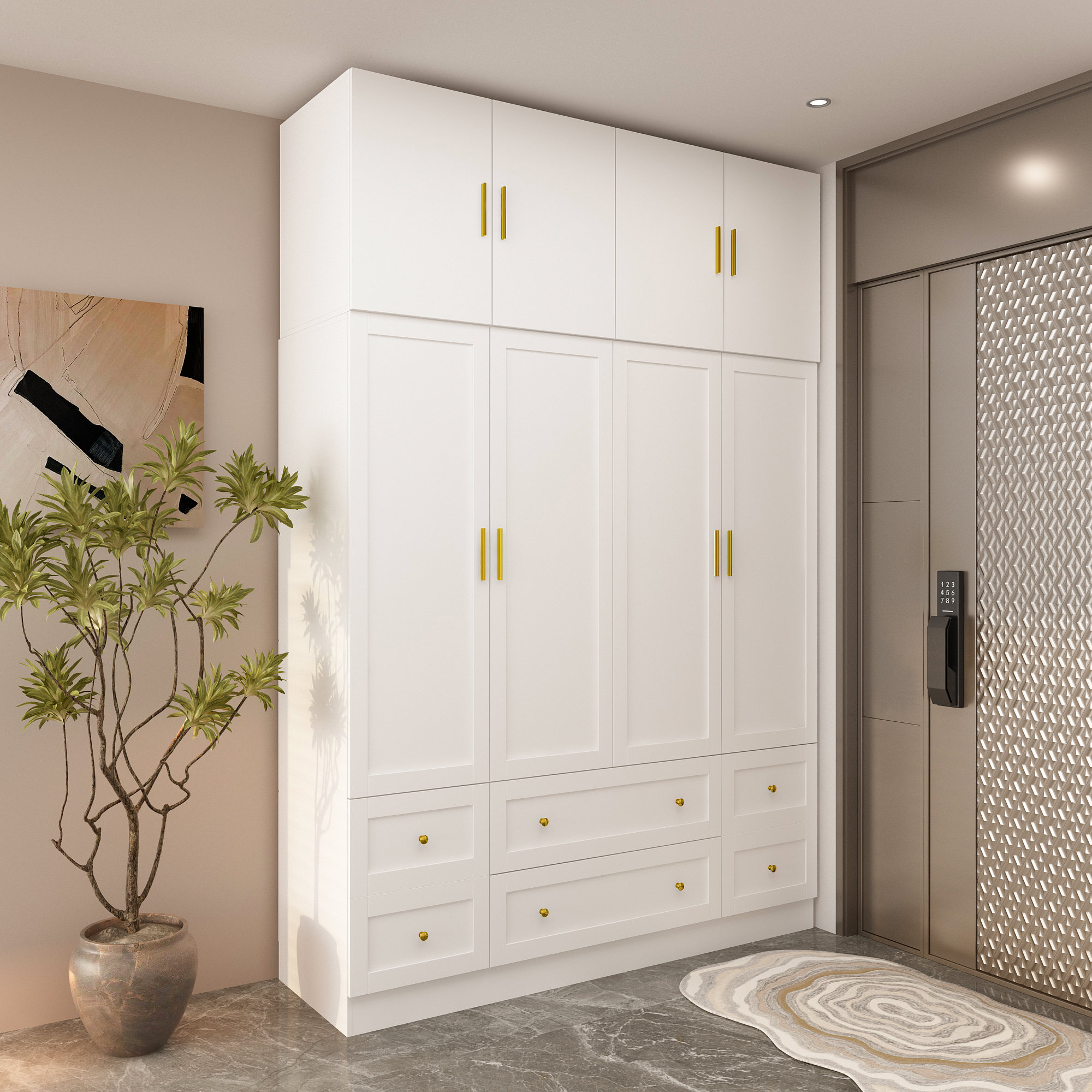 Latitude Run Modern Multi Storage Wardrobe With Top Cabinet Stylish White Closet With Gold Accents Adjustable Shelves And Smooth Gliding Drawers Wayfair